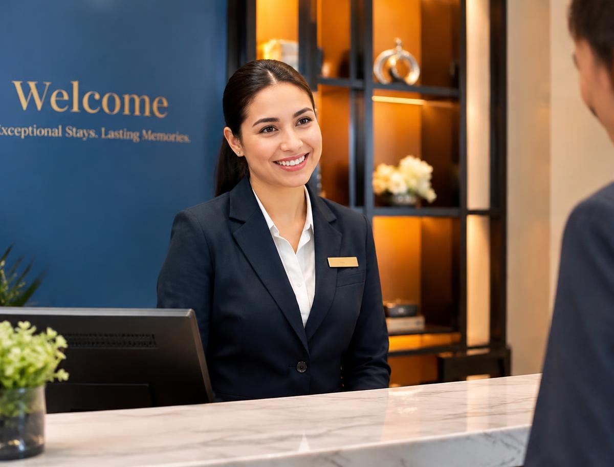 Gastvrije receptioniste verwelkomt een bezoeker aan een representatieve balie