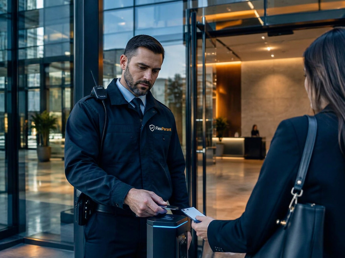 Beveiliger controleert een toegangspas bij de entree van een bedrijfspand