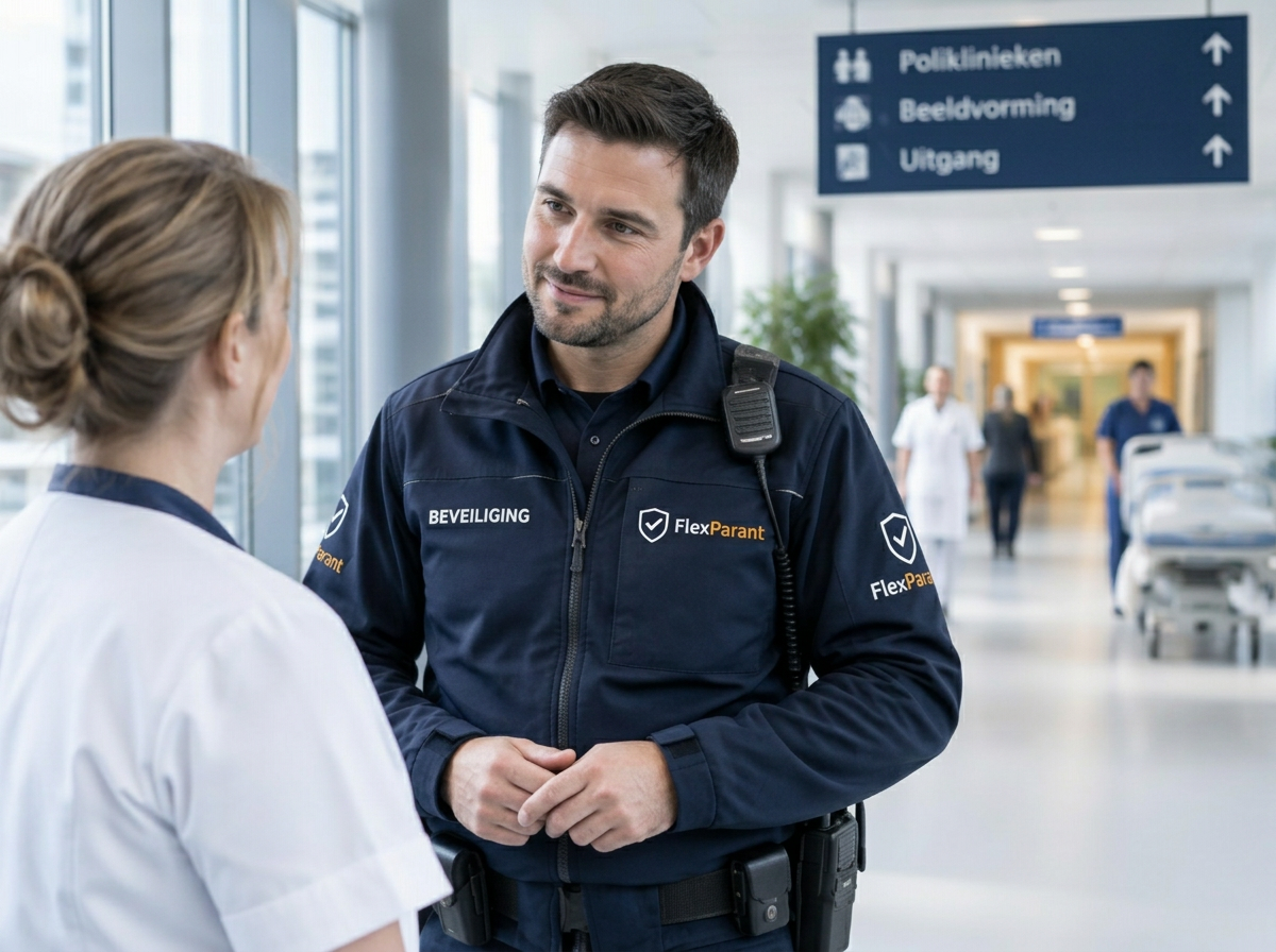 Beveiliger in gesprek met een zorgmedewerker in een ziekenhuisgang